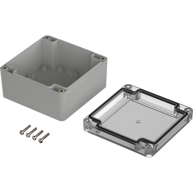 07411116 XM 111106 G 7035, Euromas X Series Light Grey Polycarbonate Enclosure, IP66, IP68, IK07, Clear Lid, 105 x 105 x 60.1mm