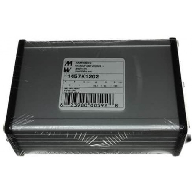 1457K1202, 1457 Series Silver Anodised Aluminium Enclosure, IP65, Flanged, Black Lid, 46.92 x 86.83 x 151mm