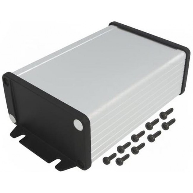 1457K1202, 1457 Series Silver Anodised Aluminium Enclosure, IP65, Flanged, Black Lid, 46.92 x 86.83 x 151mm