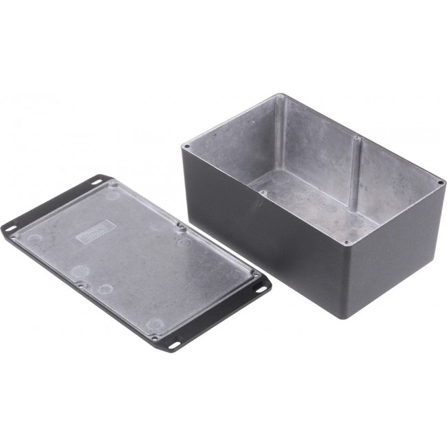 1590EFLBK, 1590 Series Black Die Cast Aluminium Enclosure, IP54, Flanged, Black Lid, 188 x 119.5 x 82mm