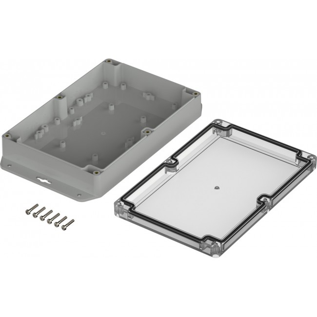 07721145 XM 211405 G WL 7035, Euromas X Series Light Grey Polycarbonate Enclosure, IP66, IP68, IK07, Flanged, Clear Lid, 209.7 x 139.8 x 45.