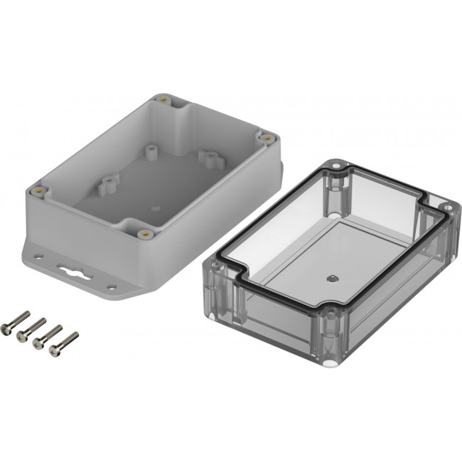 07712086 XM 120806 G WL 7035, Euromas X Series Light Grey Polycarbonate Enclosure, IP66, IP68, IK07, Flanged, Clear Lid, 120 x 80 x 60.2mm