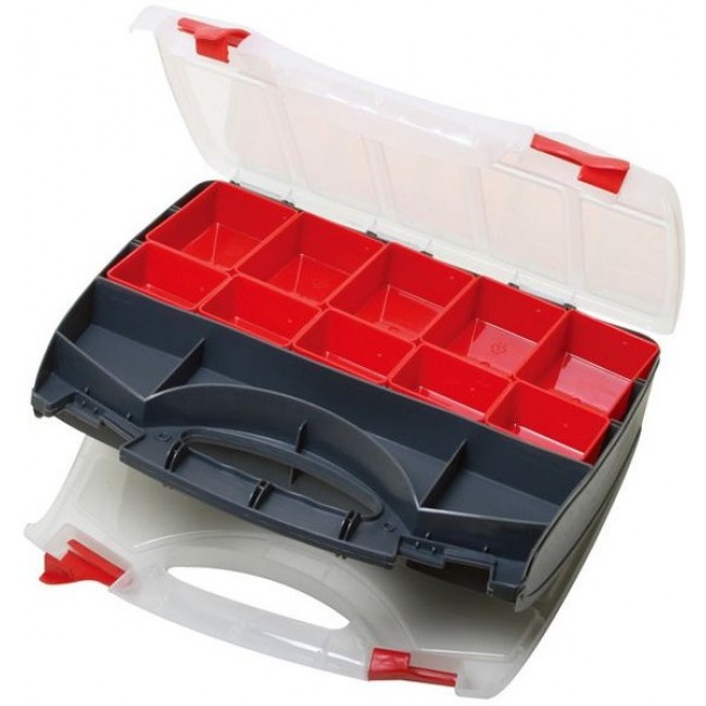 SB-3428SB, Component Storage Plastic - Non Specified Gray - Red - Clear Cover/Door Equipment Case - Hinged Lid 13.500" L x 11.500" W (342.90