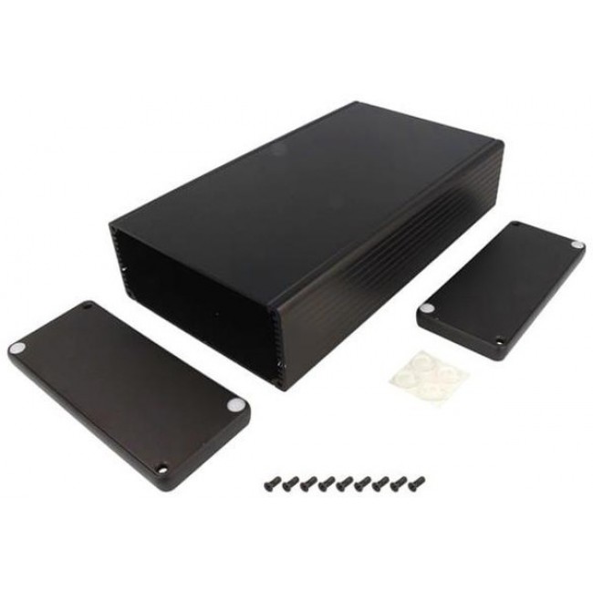 1455Q2201BK, 1455 Series Black Aluminium Enclosure, IP54, Black Lid, 220 x 125 x 51.5mm