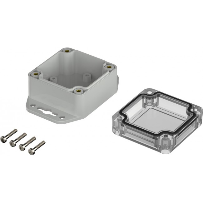 07706064 XM 060604 G WL 7035, Euromas X Series Light Grey Polycarbonate Enclosure, IP66, IP68, IK07, Flanged, Clear Lid, 60 x 60 x 40.1mm