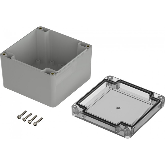 07411118 XM 111108 G 7035, Euromas X Series Light Grey Polycarbonate Enclosure, IP66, IP68, IK07, Clear Lid, 104.8 x 104.8 x 74.7mm