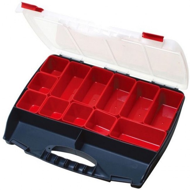 SB-4536B, Component Storage Plastic - Non Specified Gray - Red - Clear Cover - Hinged Lid 17.700" L x 14.000" W (450mm x 355mm) X 3.000" (75